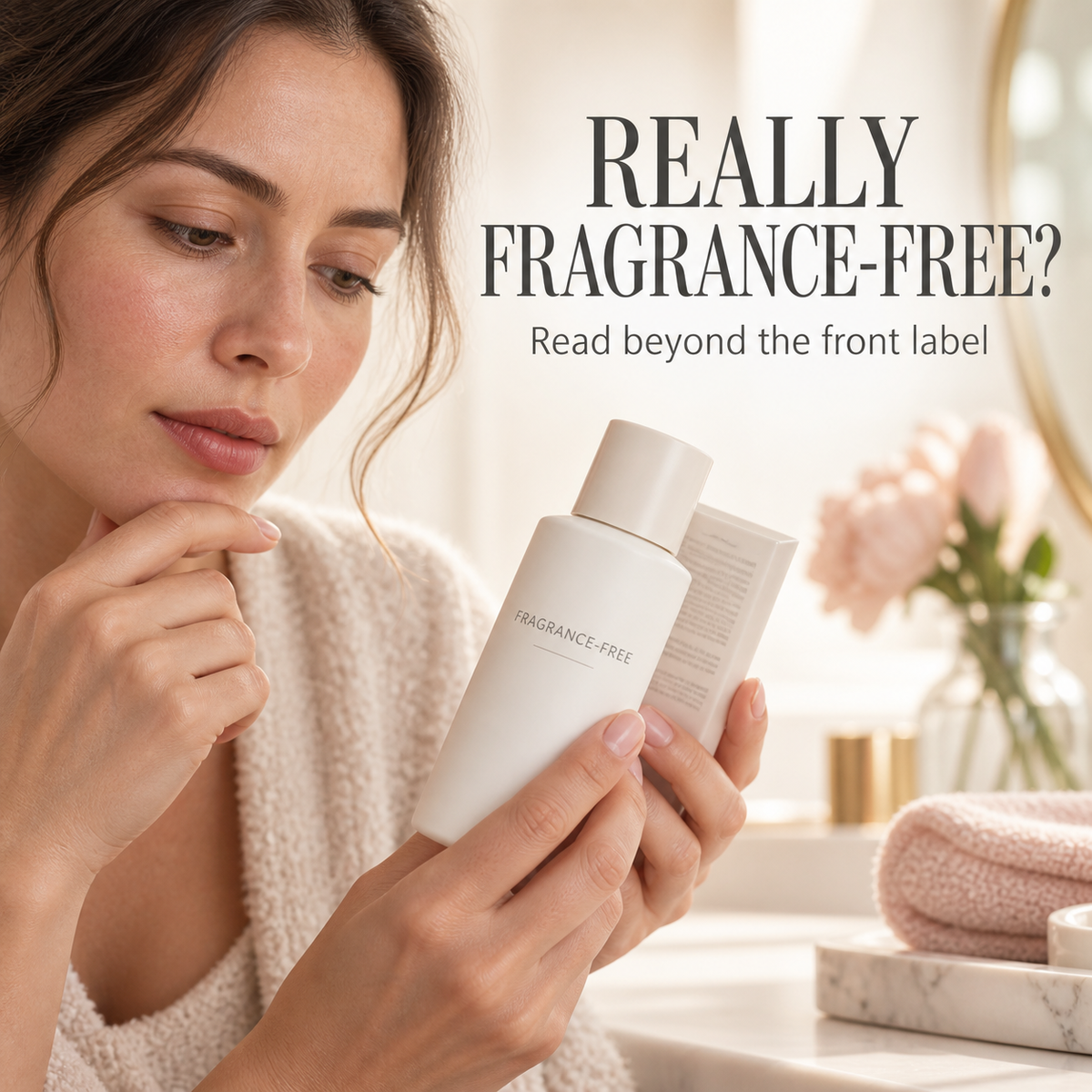Woman comparing a fragrance-free bottle and its packaging. Text: REALLY FRAGRANCE-FREE? — Read beyond the front label