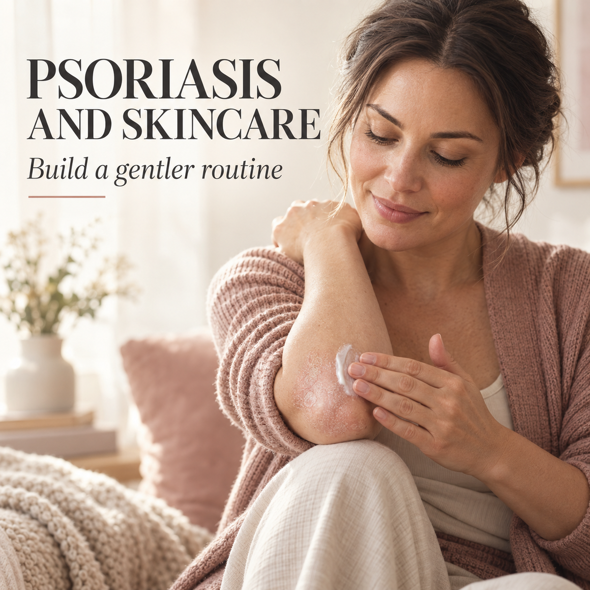Woman applying cream to dry skin on her elbow. Text: PSORIASIS AND SKINCARE — Build a gentler routine