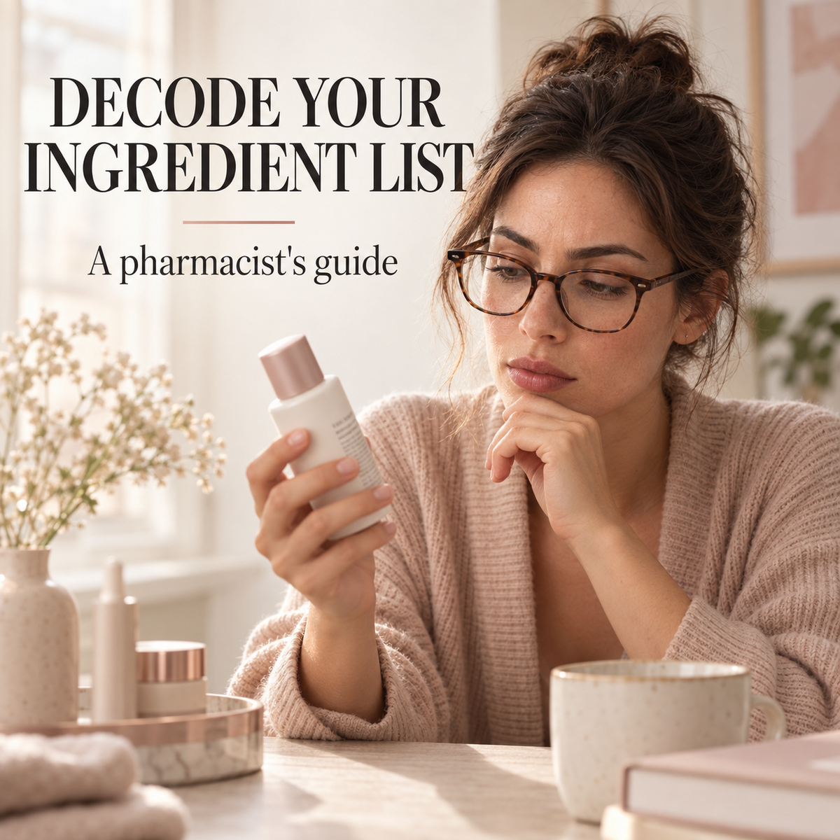 Woman wearing glasses reading a cosmetic bottle. Text: DECODE YOUR INGREDIENT LIST. A pharmacist's guide