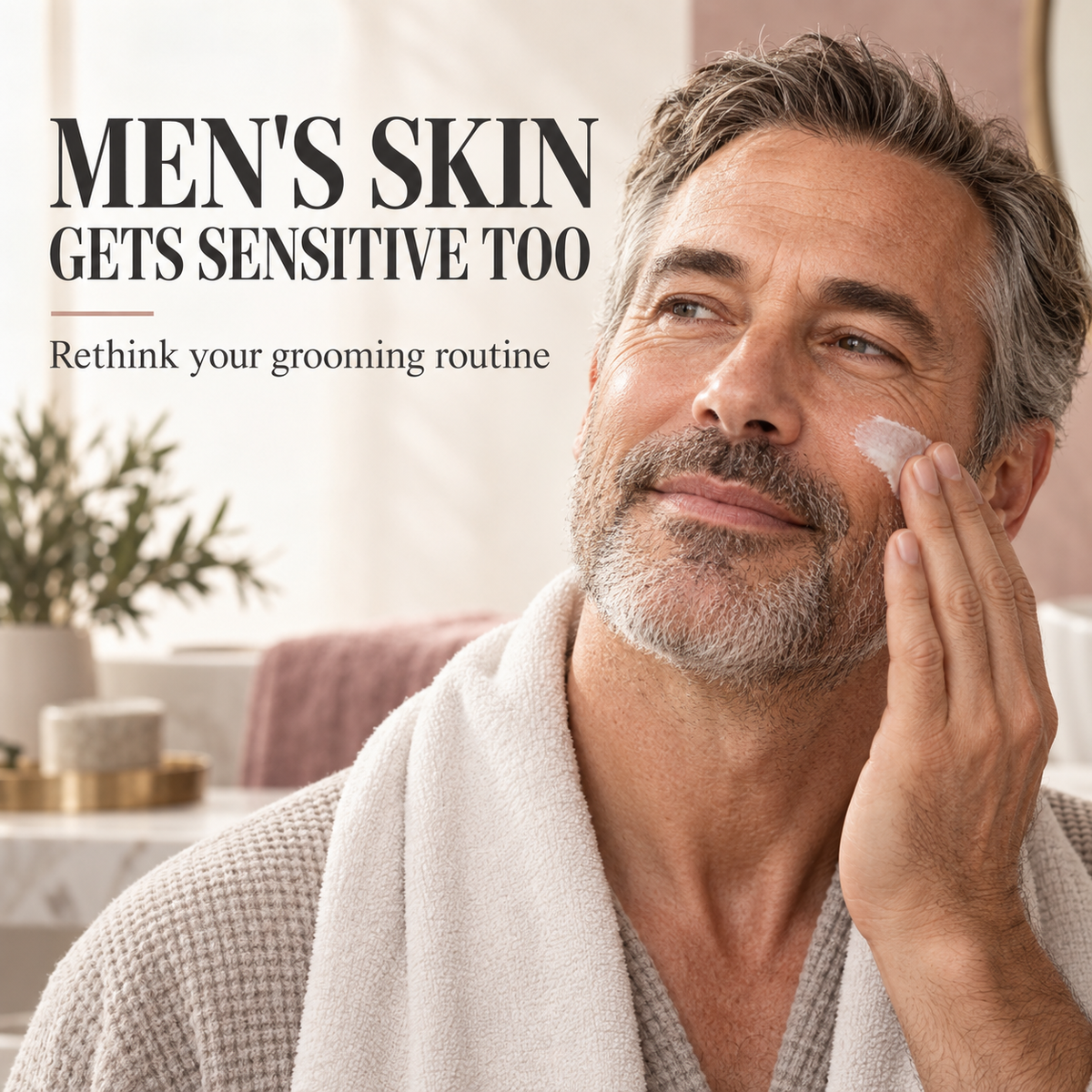 Man with gray stubble applying cream to his cheek. Text: MEN'S SKIN GETS SENSITIVE TOO. Rethink your grooming routine