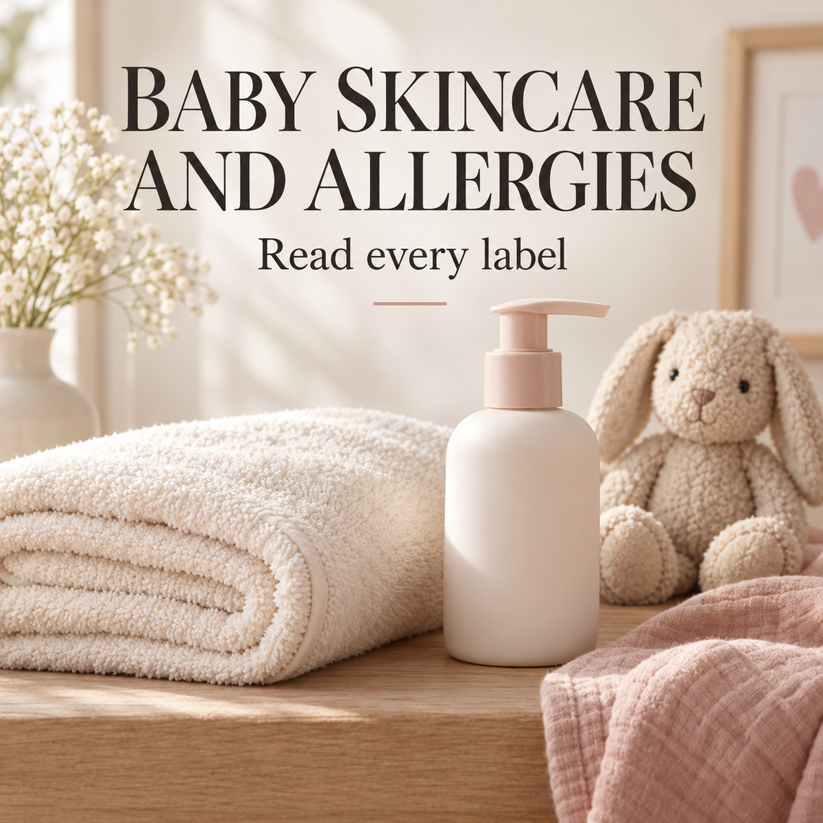 Baby towel, lotion bottle and soft rabbit toy. Text: BABY SKINCARE AND ALLERGIES — Read every label