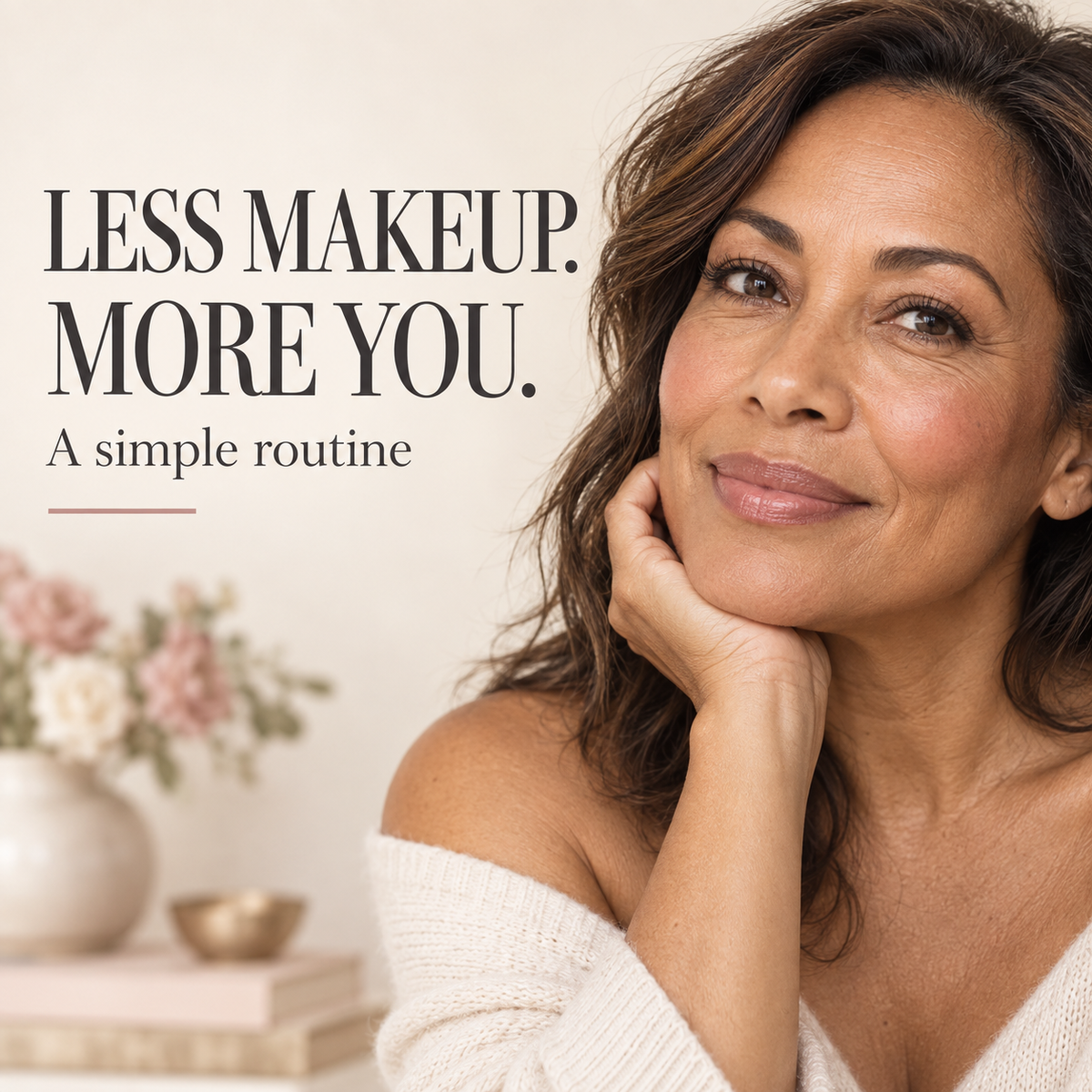 Mature woman wearing sheer makeup and soft rose blush. Text: Less makeup. More you. A simple routine.