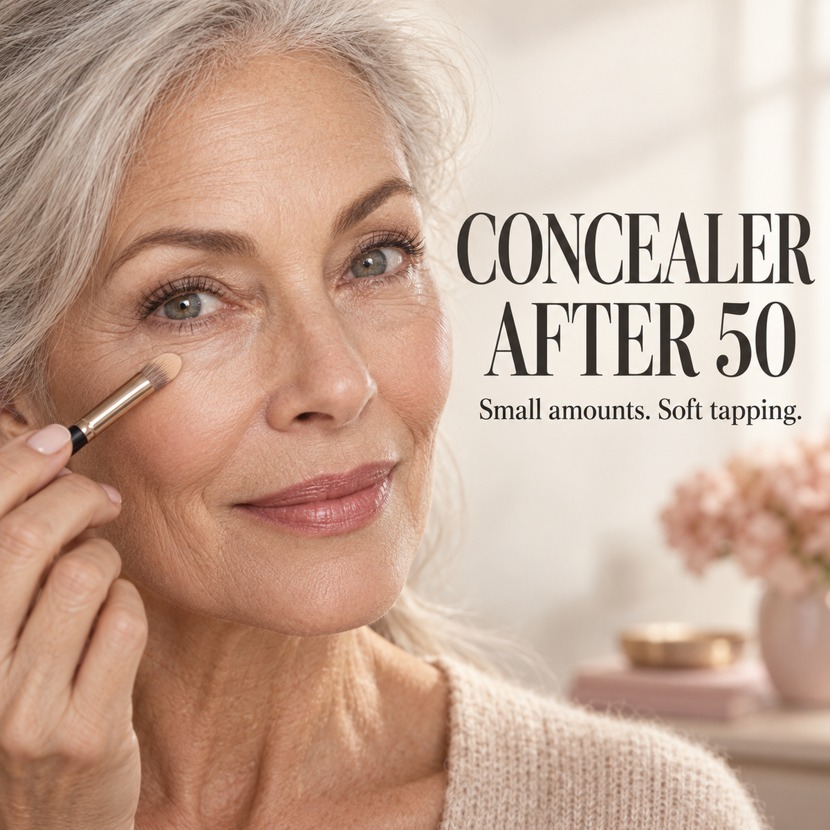 Silver-haired woman applying concealer with a small brush. Text: Concealer after 50. Small amounts. Soft tapping.