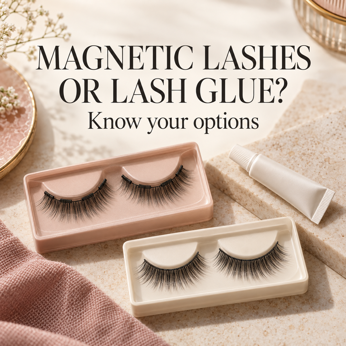 Magnetic and regular false lashes beside a closed adhesive tube. Text: Magnetic lashes or lash glue? Know your options.