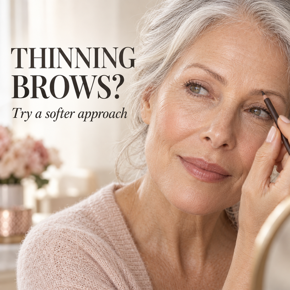 Silver-haired woman using a brow pencil. Text: Thinning brows? Try a softer approach.