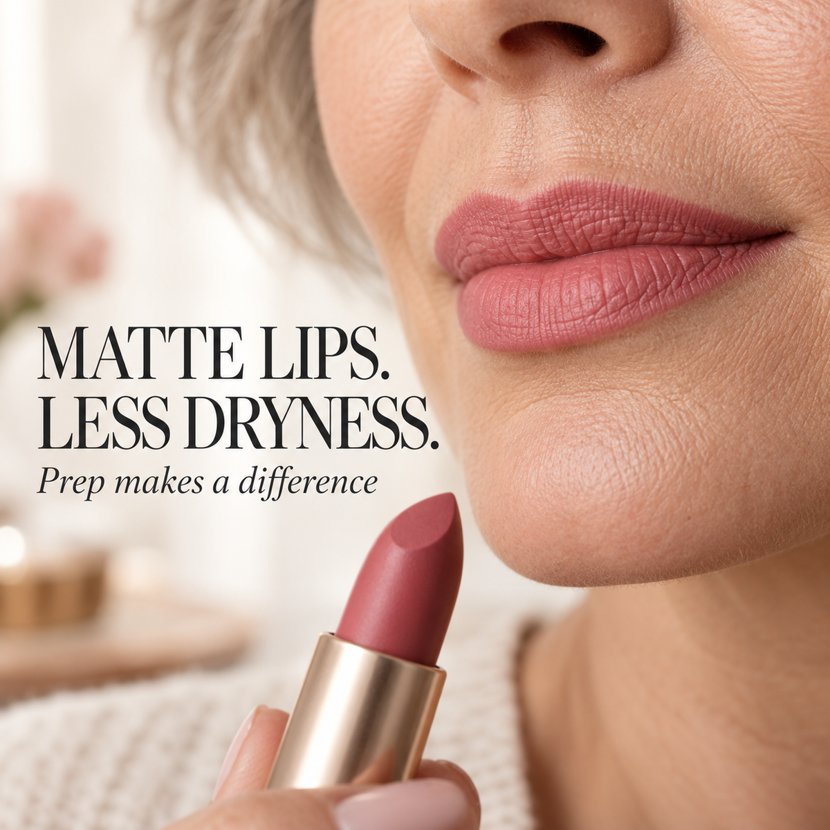 Close-up of rose matte lipstick on mature lips. Text: Matte lips. Less dryness. Prep makes a difference.