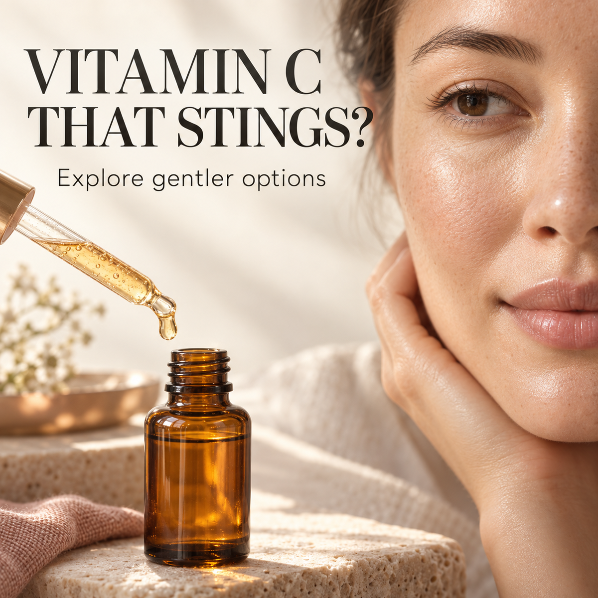 Golden serum and an amber bottle beside a woman's face. Text: Vitamin C that stings? Explore gentler options.