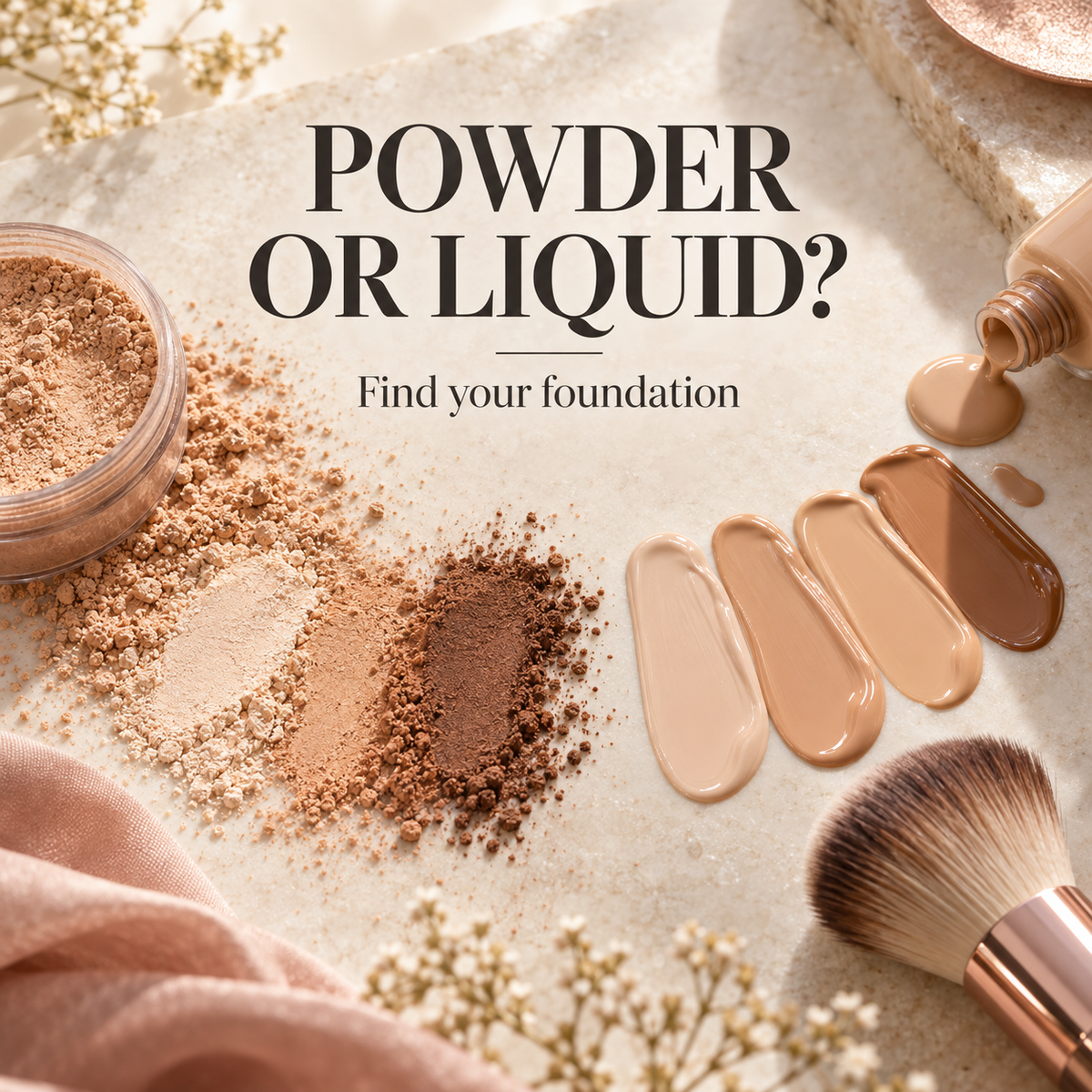 Powder and liquid foundation in several shades with a makeup brush. Text: Powder or liquid? Find your foundation.