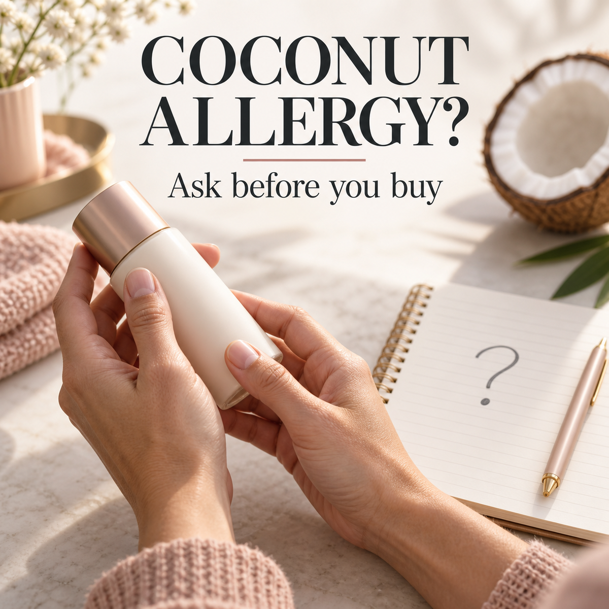 Hands holding a cosmetic bottle beside a notebook and coconut. Text: Coconut allergy? Ask before you buy.