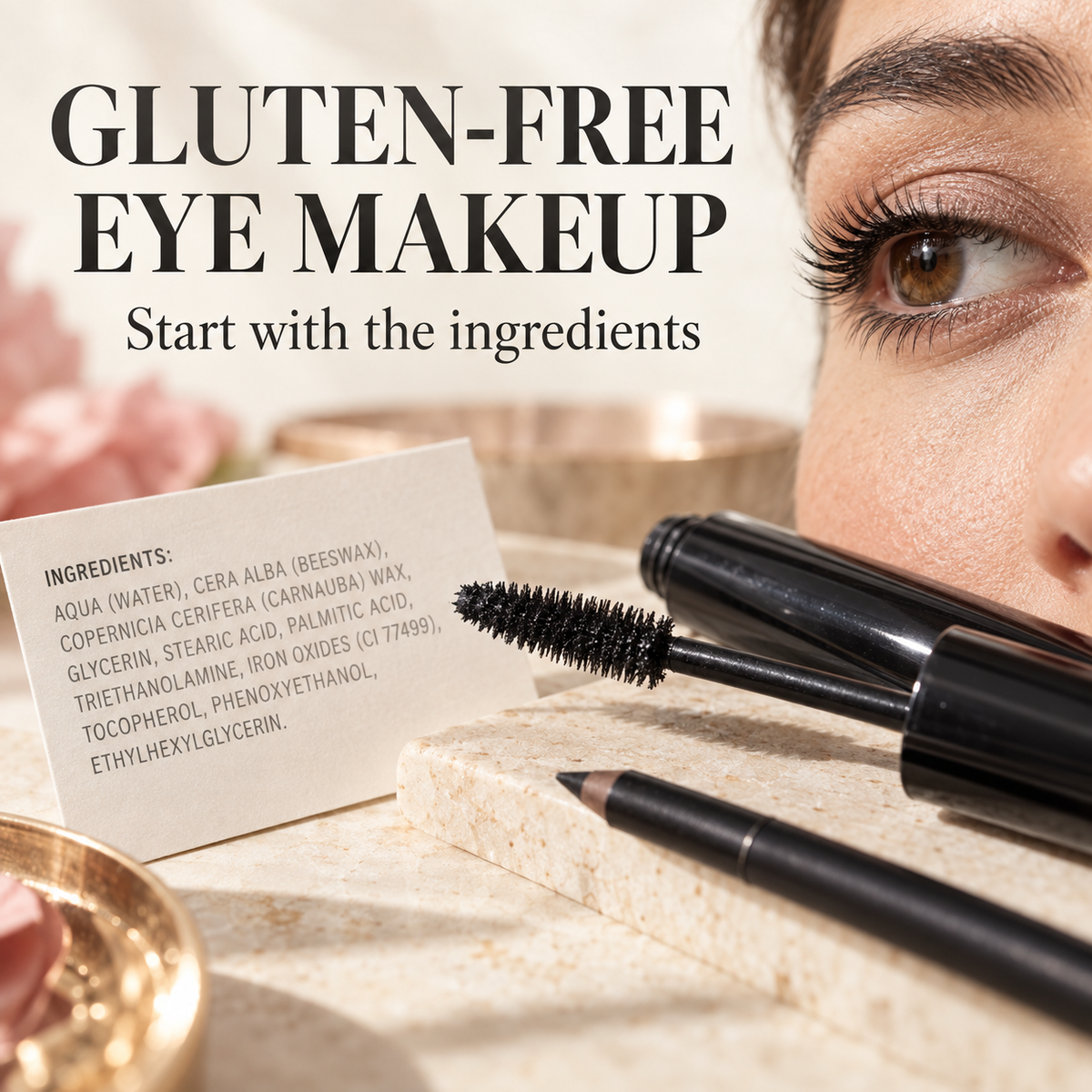 Mascara, eyeliner and an ingredient card beside a close-up eye. Text: Gluten-free eye makeup. Start with the ingredients.