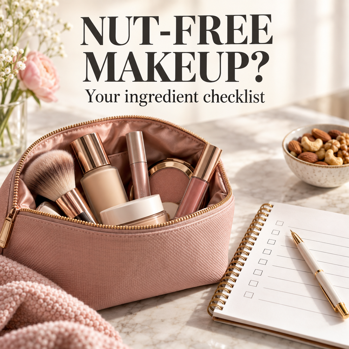 Makeup pouch and checklist with a separate bowl of nuts. Text: Nut-free makeup? Your ingredient checklist.