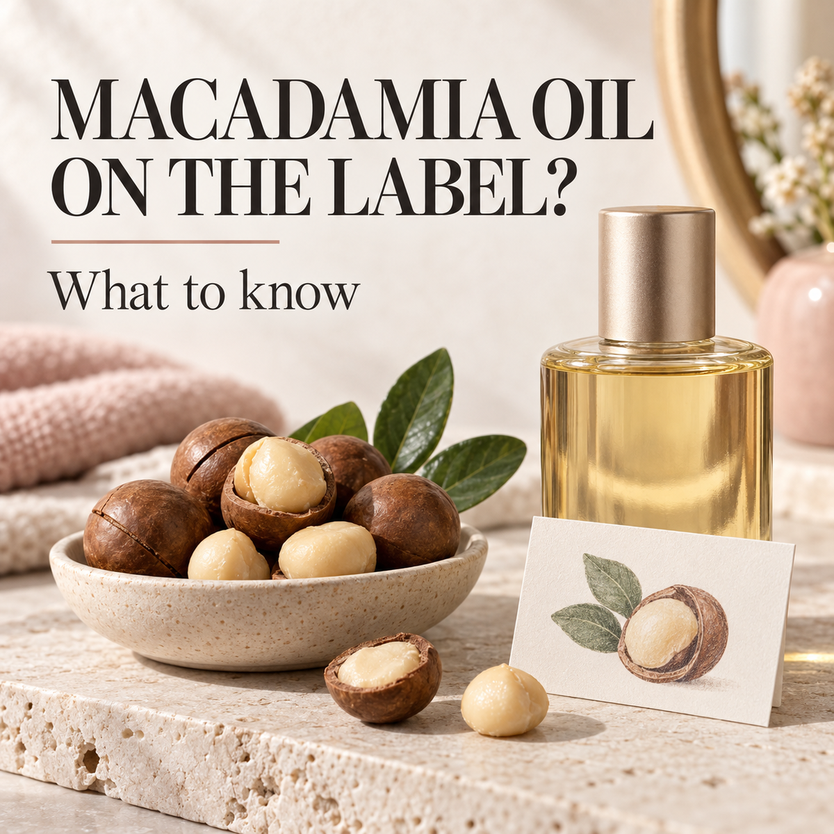 Macadamia nuts beside an oil bottle and botanical card. Text: Macadamia oil on the label? What to know.