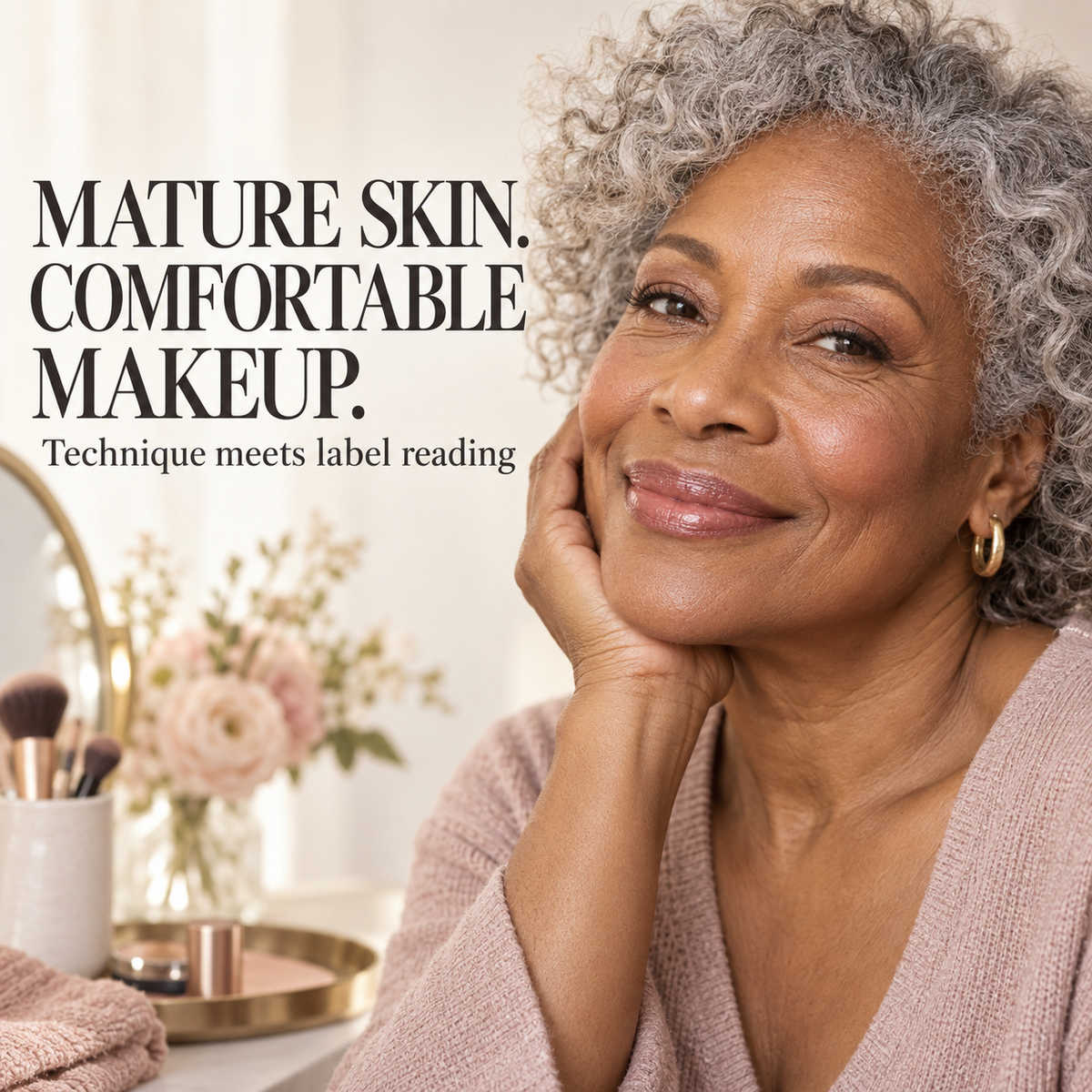 Mature woman with silver curls wearing sheer makeup. Text: Mature skin. Comfortable makeup. Technique meets label reading.
