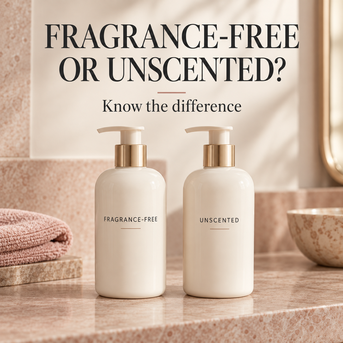 Two lotion bottles labeled fragrance-free and unscented. Text: Fragrance-free or unscented? Know the difference.