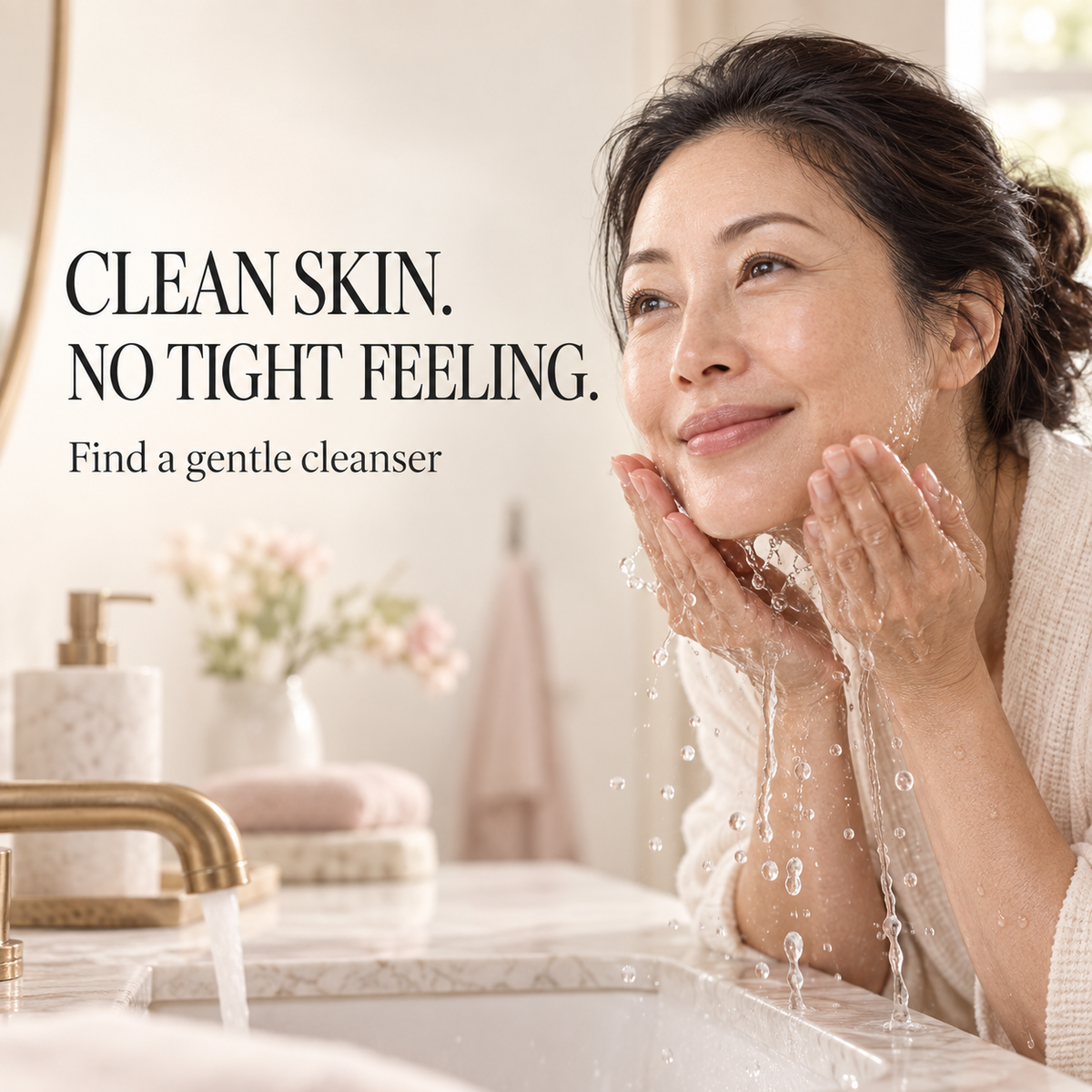 Woman gently rinsing her face with water. Text: Clean skin. No tight feeling. Find a gentle cleanser.