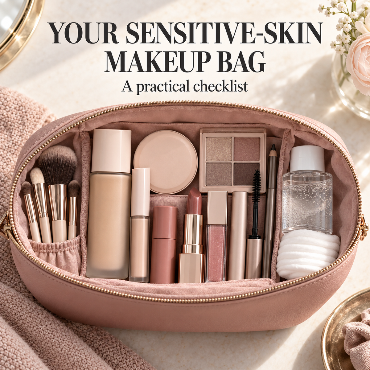 Organized rose makeup bag with cosmetics, brushes and remover. Text: Your sensitive-skin makeup bag. A practical checklist.