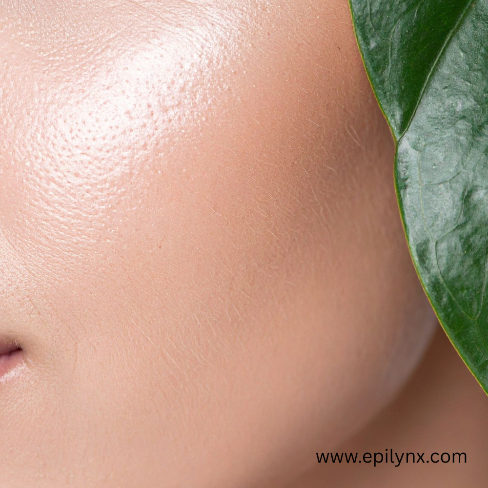 Close-up of smooth sensitive skin beside a green leaf, representing allergen-free anti-aging skincare for reactive skin at EpiLynx.