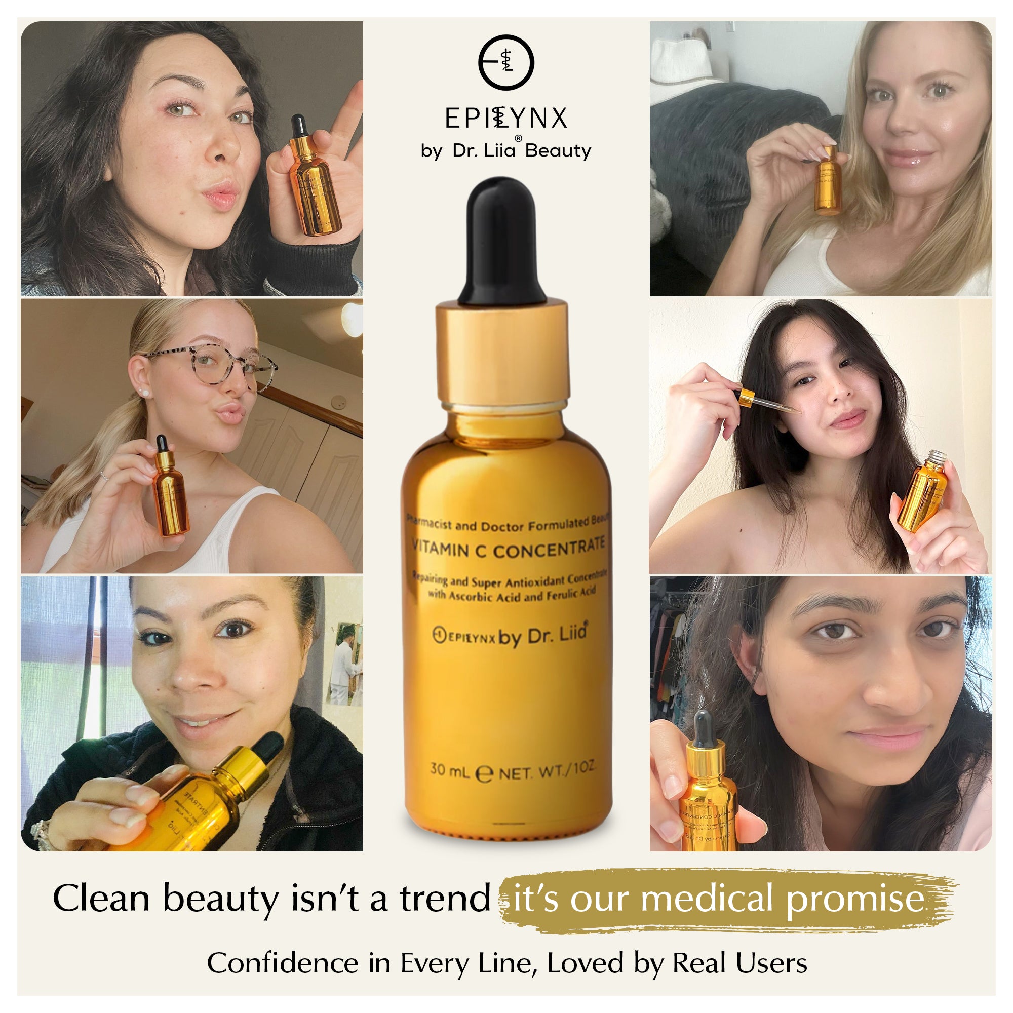 Collage of people using a skincare product with Epibynx branding and text about clean beauty.