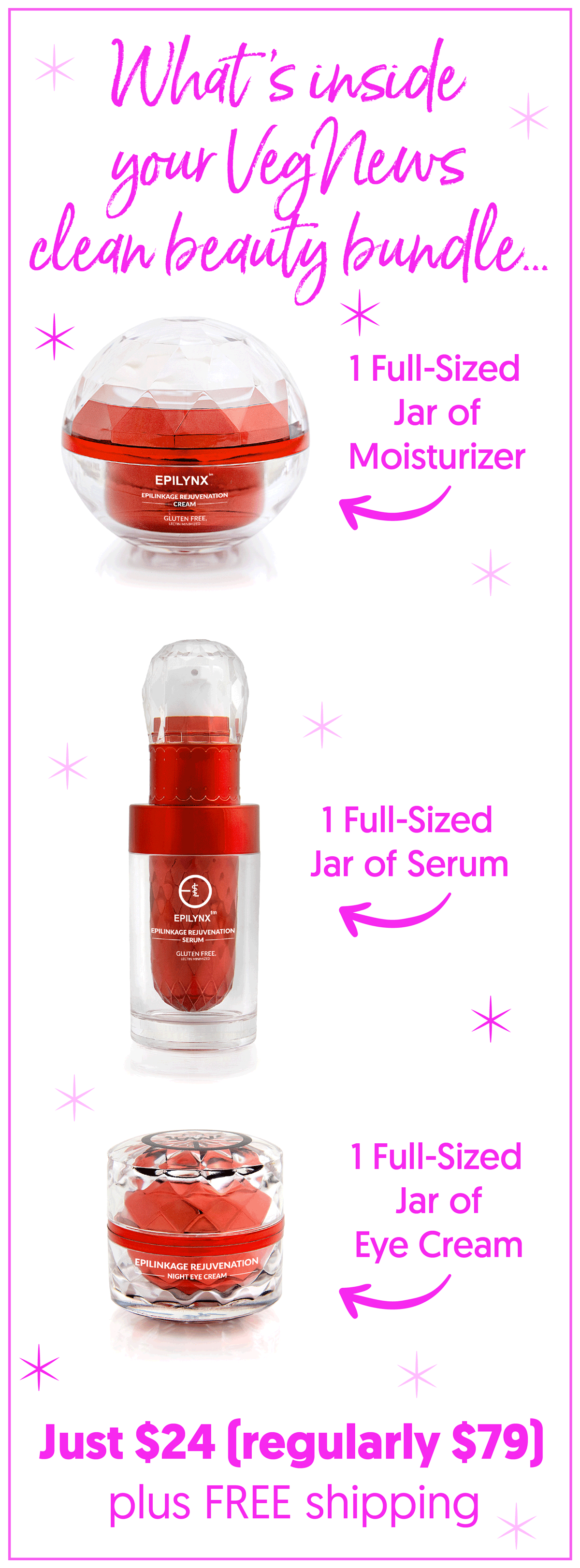 Vegan Organic Clean Beauty Bundle: Potent Serum, Restorative Face Cream & Brightening Eye Cream for a Fresh, Radiant Glow