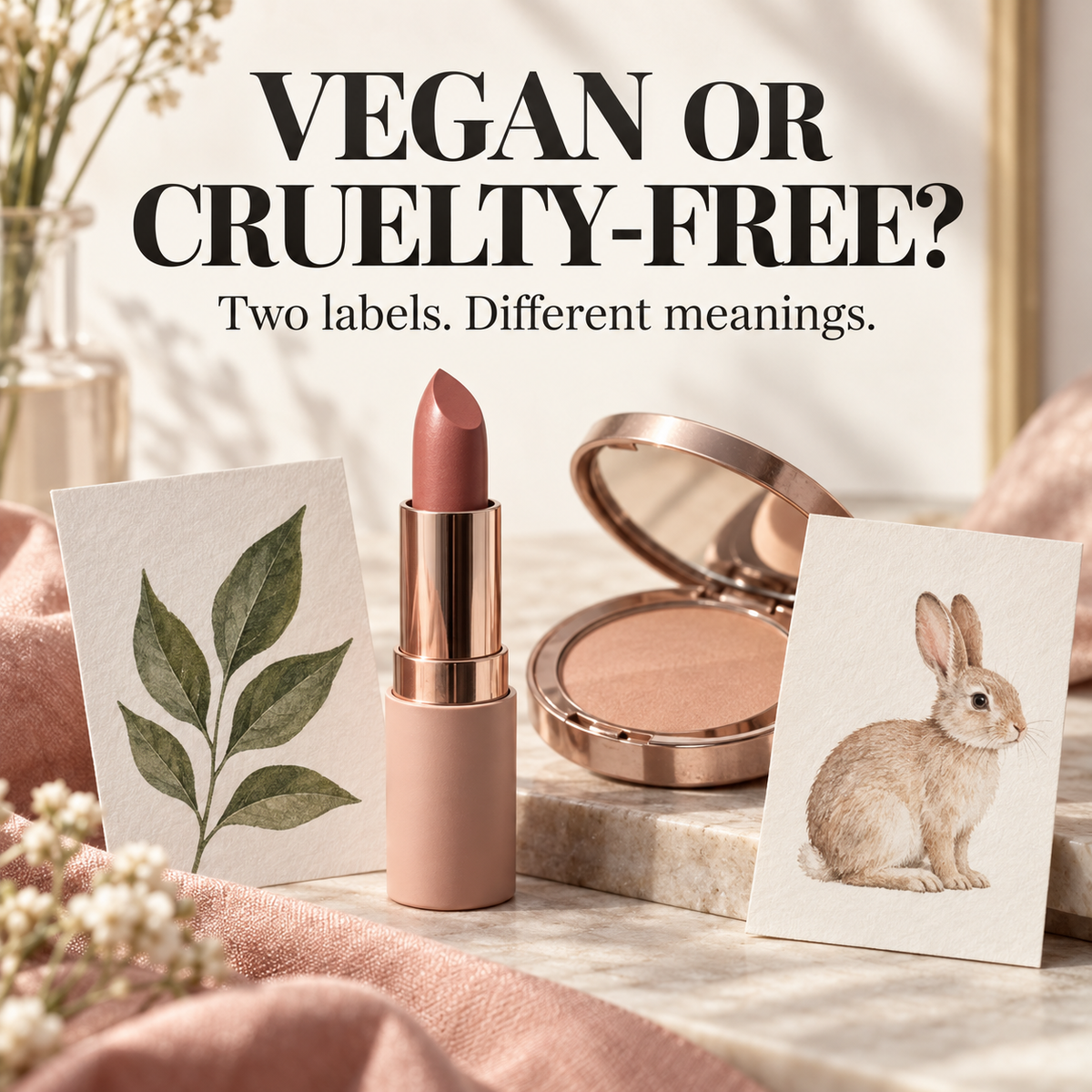 Lipstick and compact between illustrated leaf and rabbit cards. Text: VEGAN OR CRUELTY-FREE? — Two labels. Different meanings.
