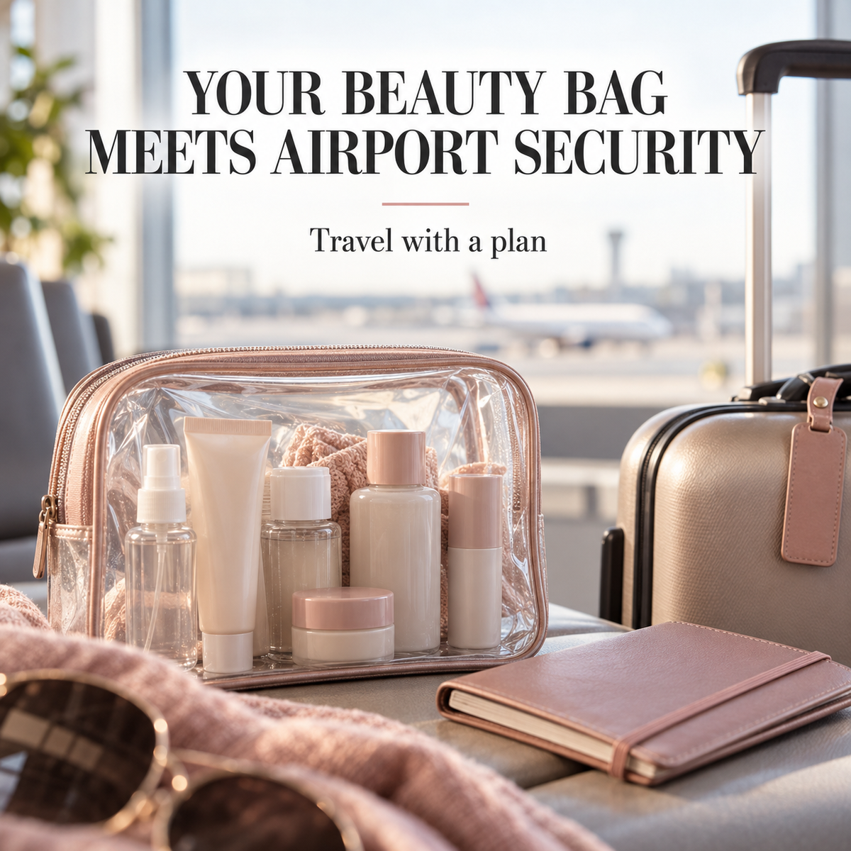 Clear toiletry bag beside a suitcase in an airport. Text: YOUR BEAUTY BAG MEETS AIRPORT SECURITY — Travel with a plan