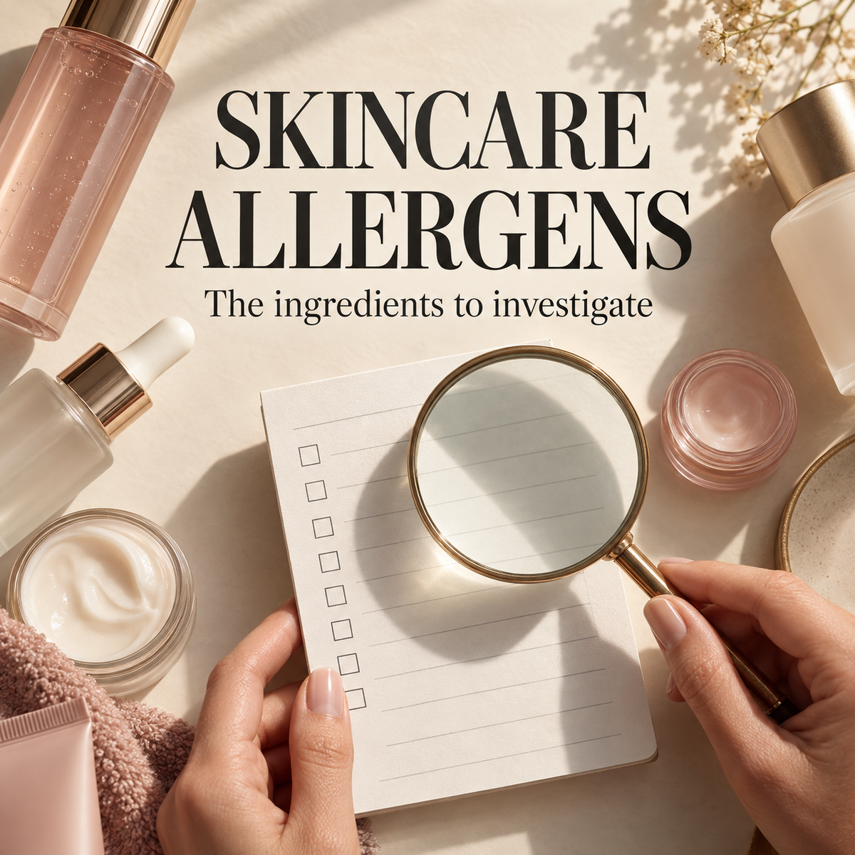 Hands holding a checklist and magnifying glass among skincare containers. Text: SKINCARE ALLERGENS — The ingredients to investigate