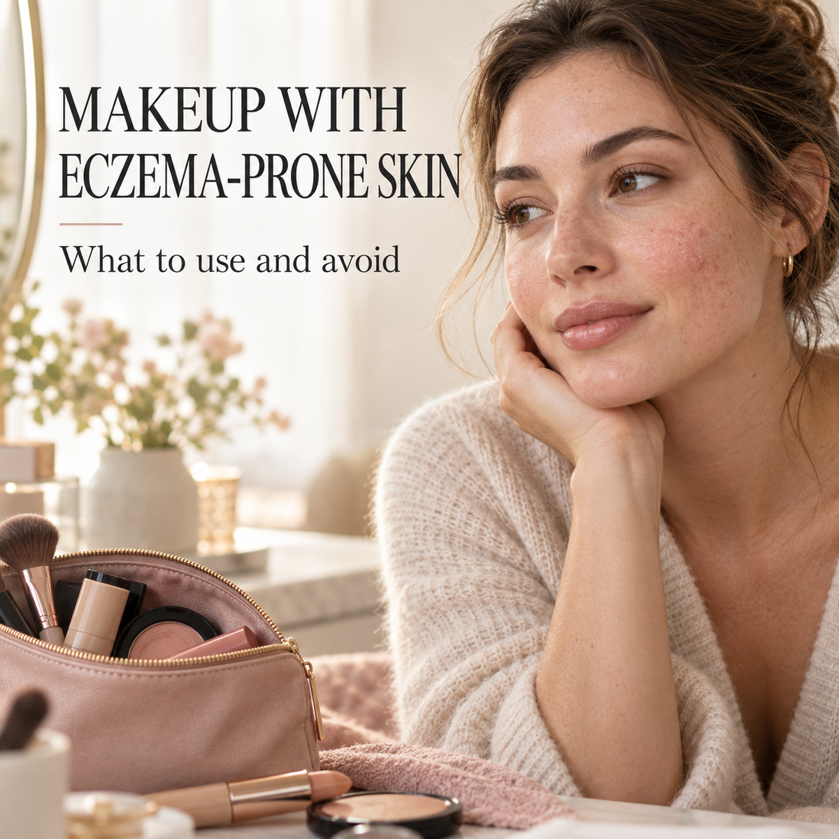 Woman with mildly red cheeks beside a makeup pouch. Text: MAKEUP WITH ECZEMA-PRONE SKIN — What to use and avoid