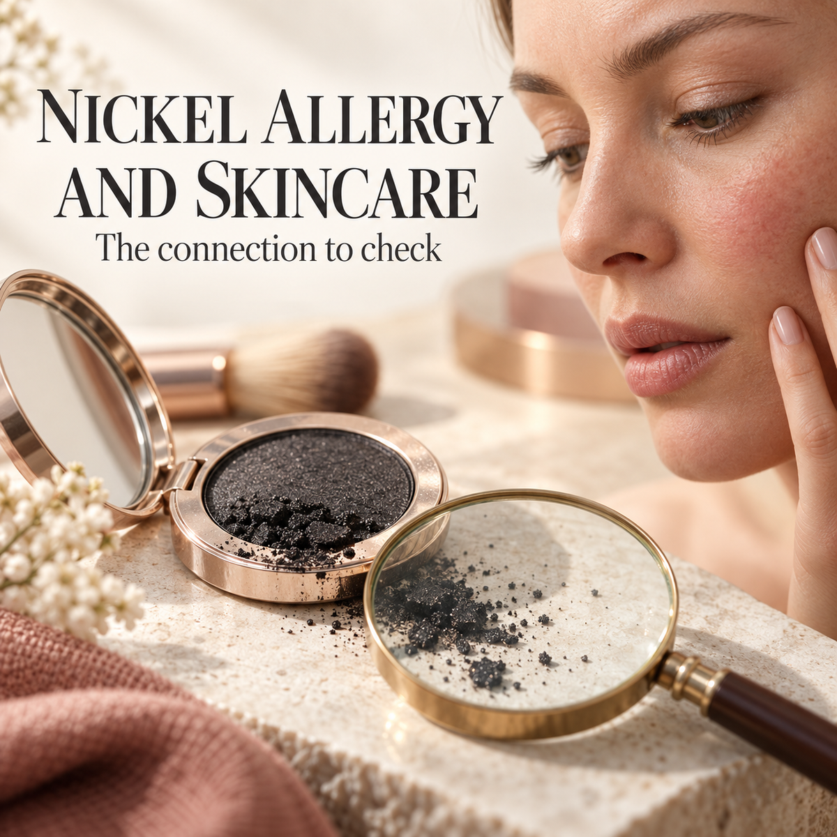 Woman touching her cheek beside dark makeup pigment and a magnifying glass. Text: NICKEL ALLERGY AND SKINCARE — The connection to check