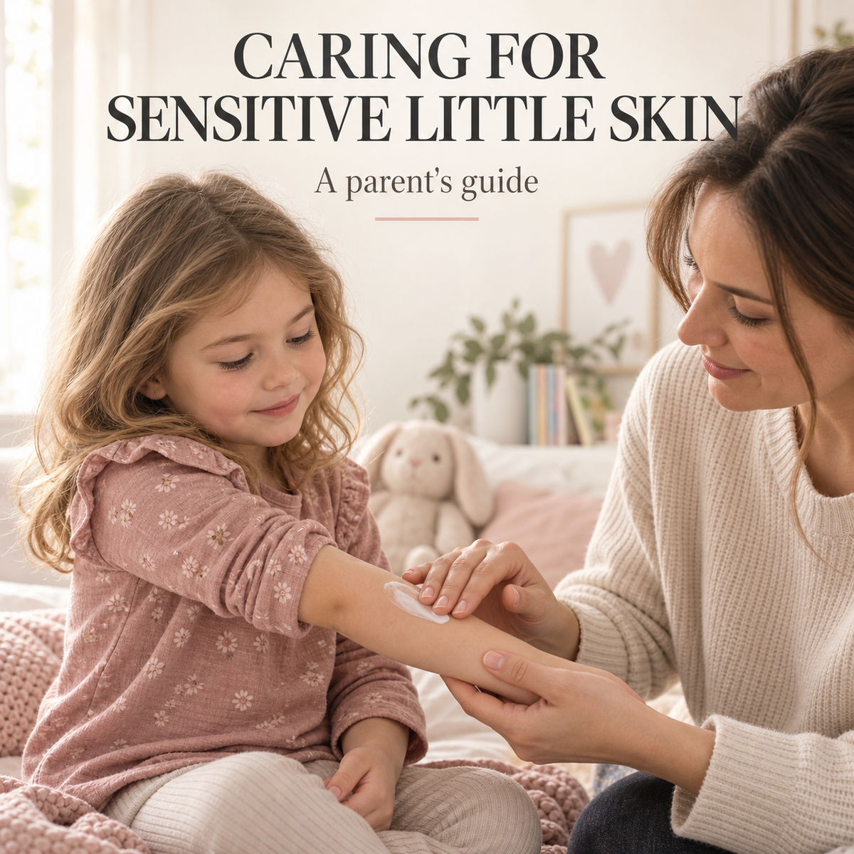 Parent applying moisturizer to a child's forearm. Text: CARING FOR SENSITIVE LITTLE SKIN — A parent's guide