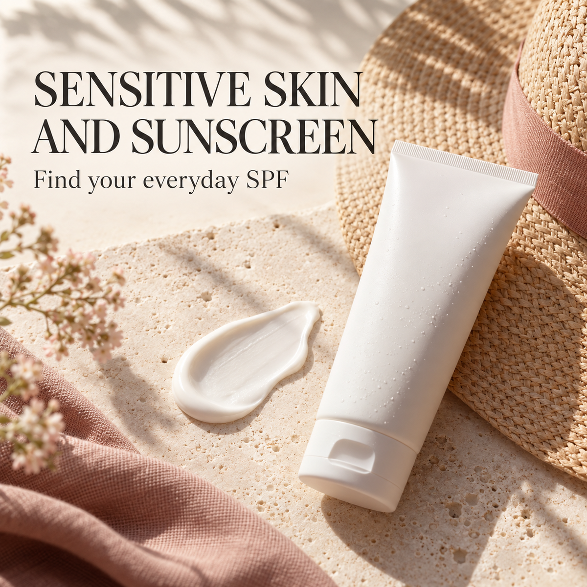 Sunscreen tube and cream swatch beside a sun hat. Text: SENSITIVE SKIN AND SUNSCREEN — Find your everyday SPF