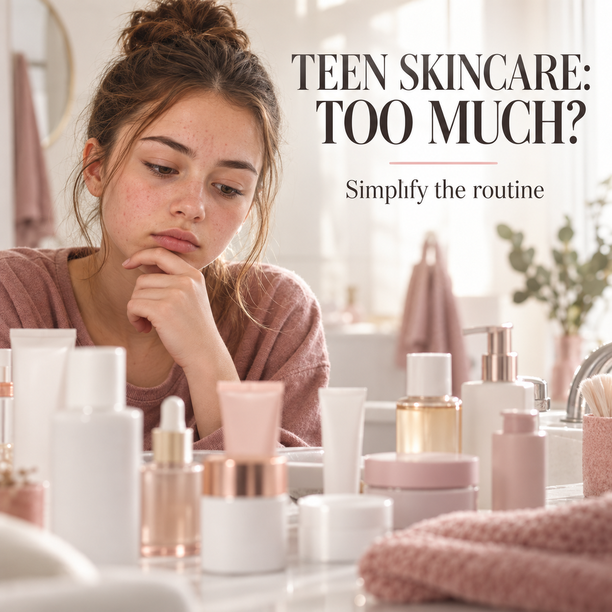 Teen considering skincare bottles at a vanity. Text: TEEN SKINCARE: TOO MUCH? — Simplify the routine