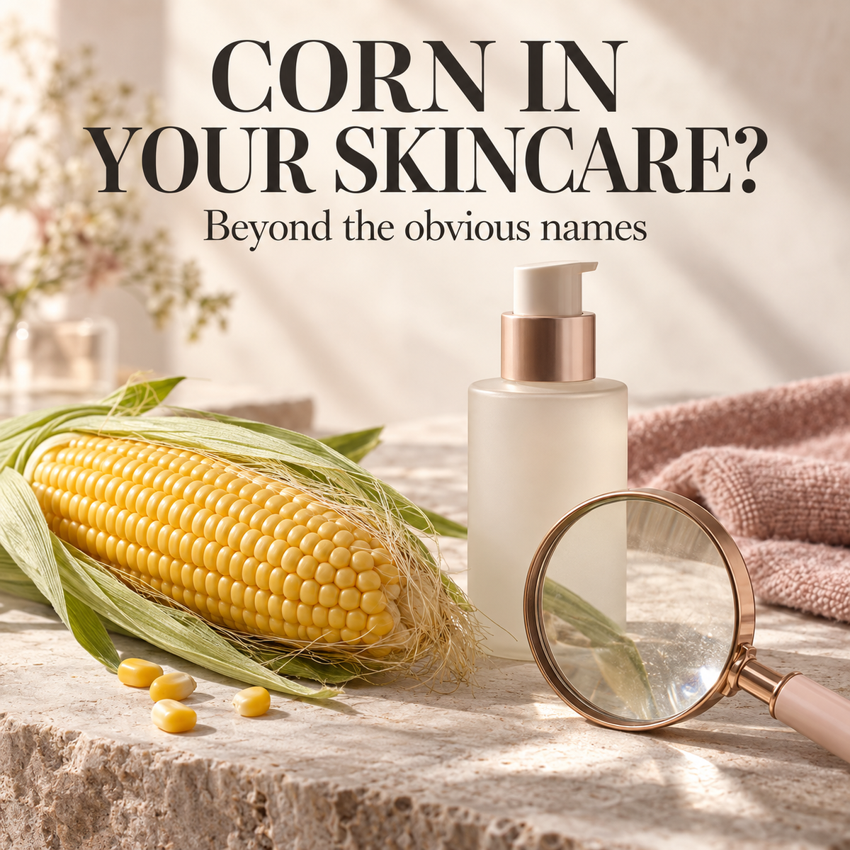 Corn beside a skincare bottle and magnifying glass. Text: CORN IN YOUR SKINCARE?. Beyond the obvious names