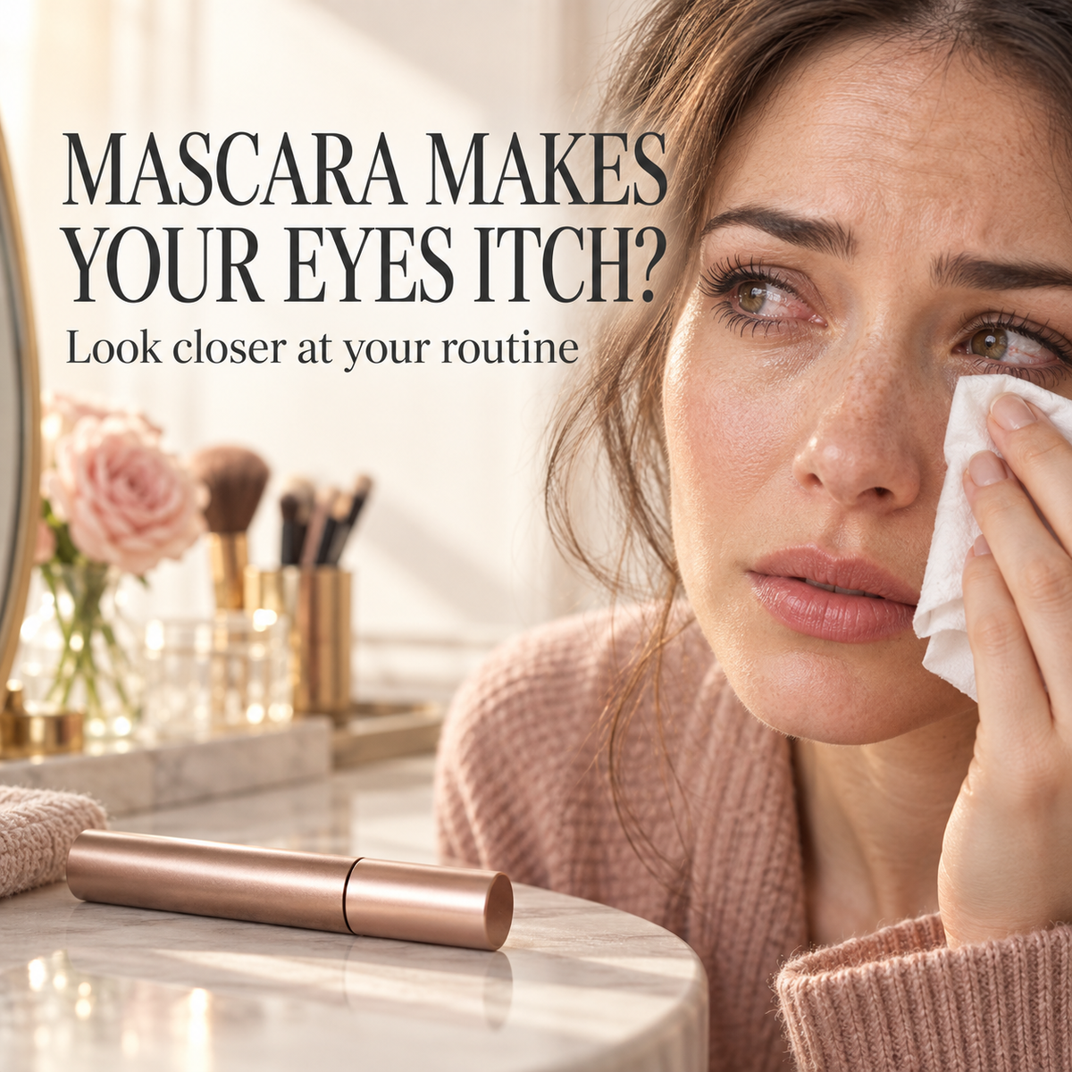 Woman holding a tissue below her eye beside a mascara tube. Text: MASCARA MAKES YOUR EYES ITCH?. Look closer at your routine
