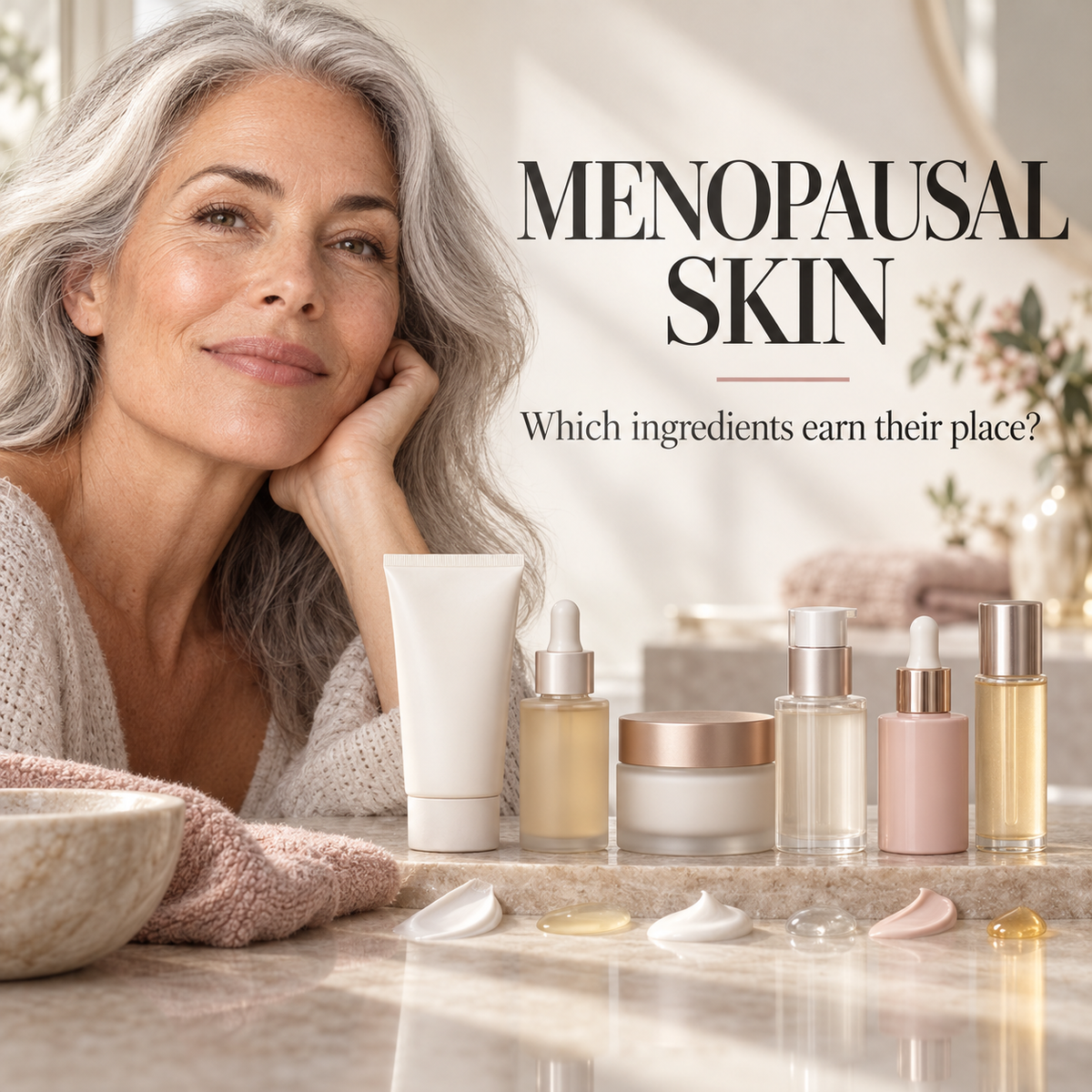 Silver-haired woman beside skincare bottles and cream swatches. Text: MENOPAUSAL SKIN. Which ingredients earn their place?
