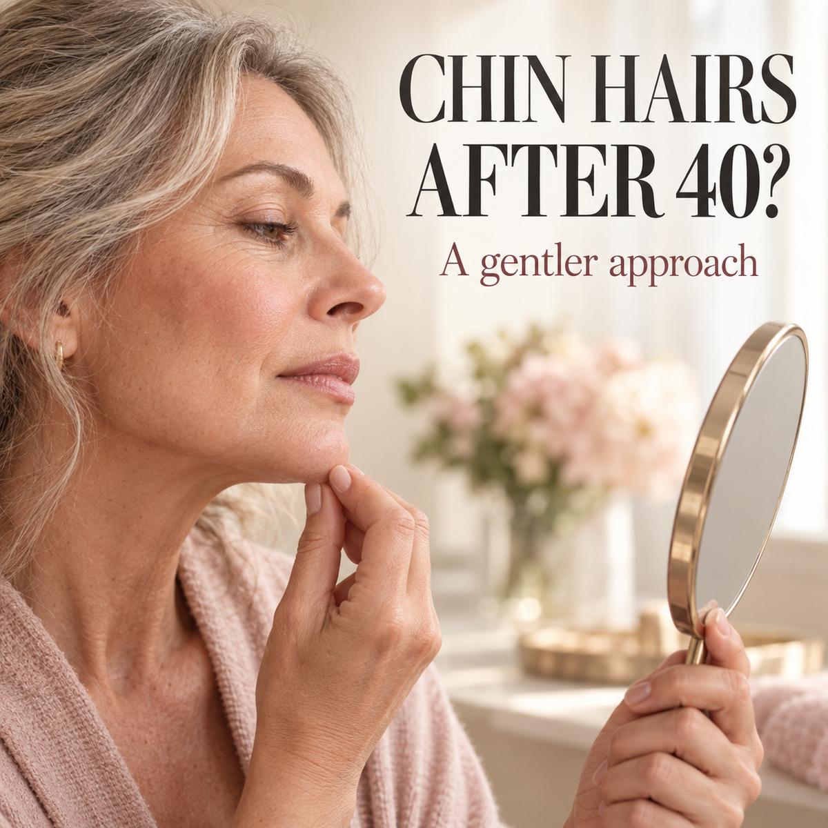 Mature woman checking her chin in a handheld mirror. Text: Chin hairs after 40? A gentler approach.
