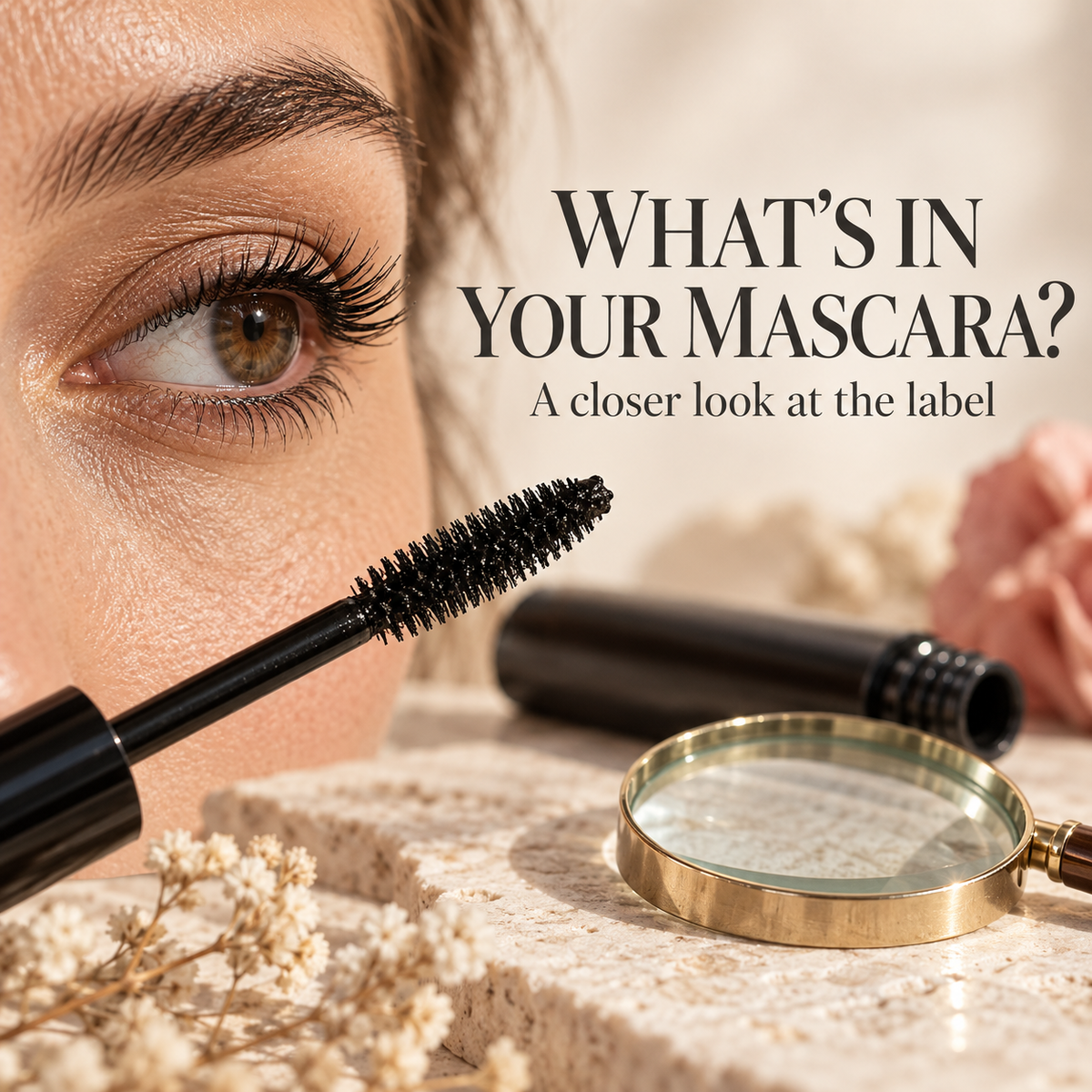 Mascara wand and magnifying glass beside a close-up eye. Text: What's in your mascara? A closer look at the label.