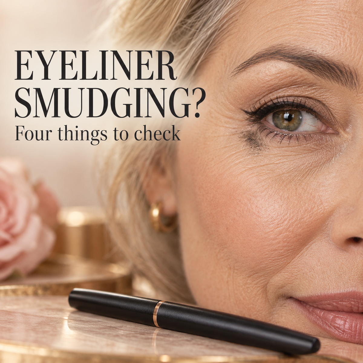 Close-up of an eye with smudged eyeliner. Text: Eyeliner smudging? Four things to check.