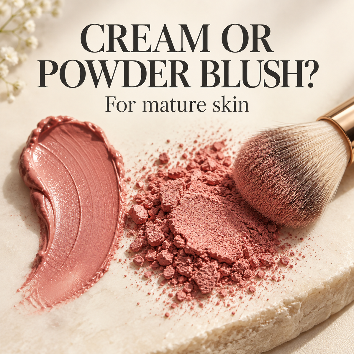 Rose cream blush swatch beside rosy powder and a makeup brush. Text: Cream or powder blush? For mature skin.
