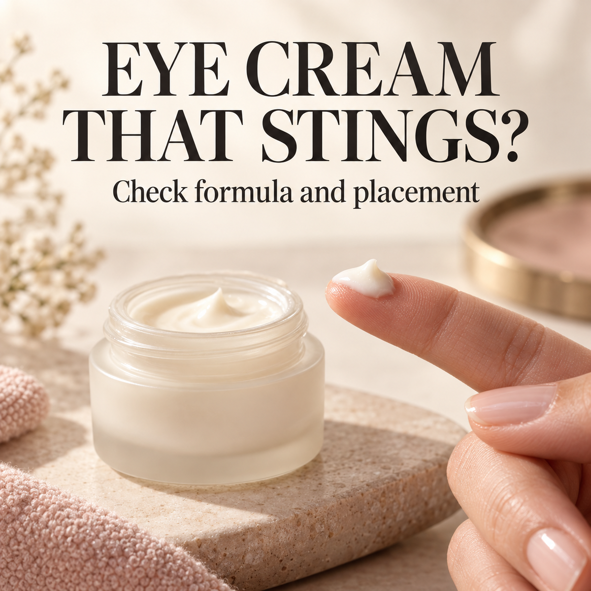Tiny dab of eye cream on a fingertip beside a jar. Text: Eye cream that stings? Check formula and placement.