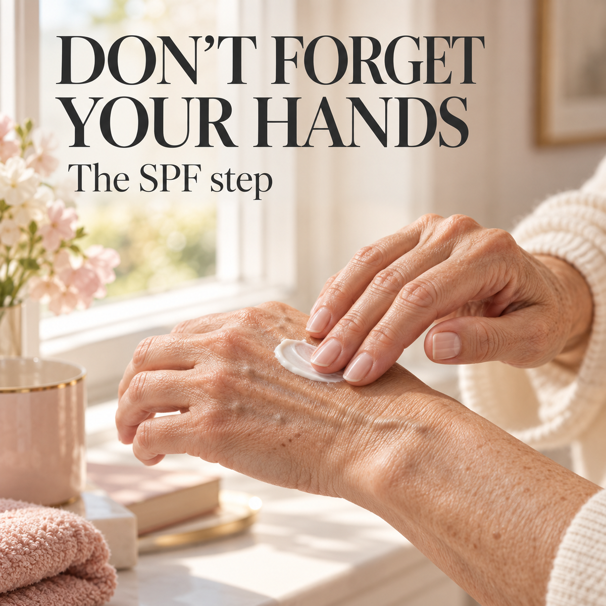 Mature hands applying cream by a window. Text: Don't forget your hands. The SPF step.