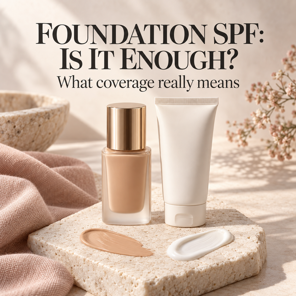 Foundation and sunscreen with separate swatches. Text: Foundation SPF: Is it enough? What coverage really means.