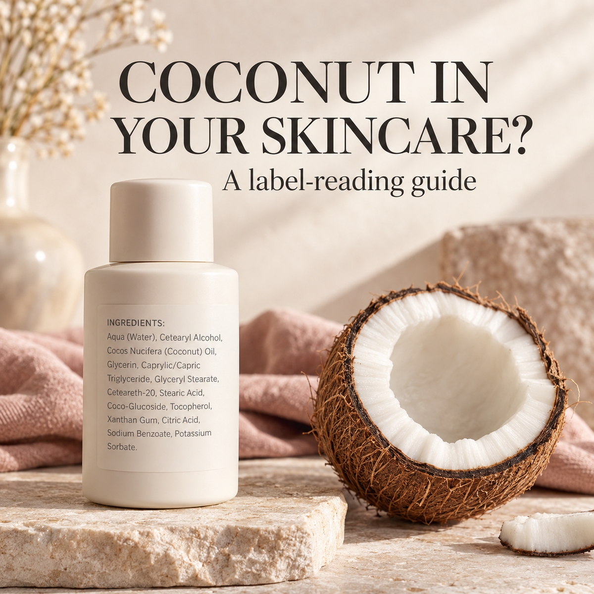 Skincare bottle with an ingredient list beside a coconut half. Text: Coconut in your skincare? A label-reading guide.