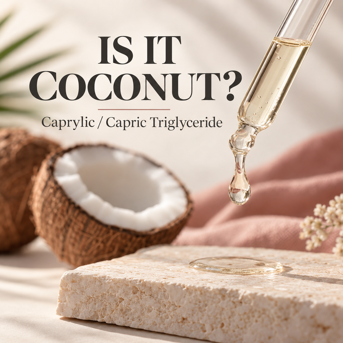 Glass dropper with a drop of oil beside a coconut half. Text: Is it coconut? Caprylic / Capric Triglyceride.