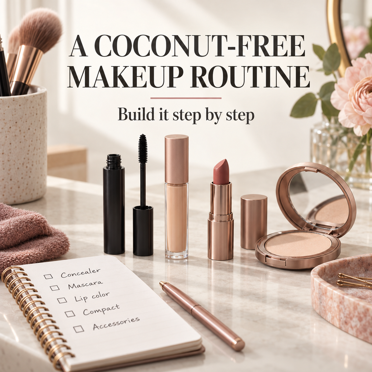 Mascara, concealer, lipstick and a compact beside a checklist. Text: A coconut-free makeup routine. Build it step by step.