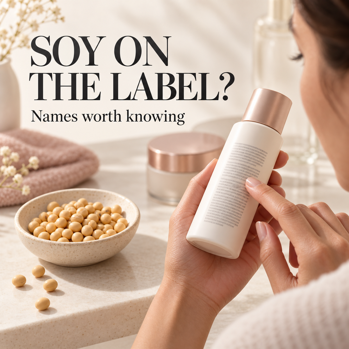 Woman reading a cosmetic bottle beside a bowl of soybeans. Text: Soy on the label? Names worth knowing.
