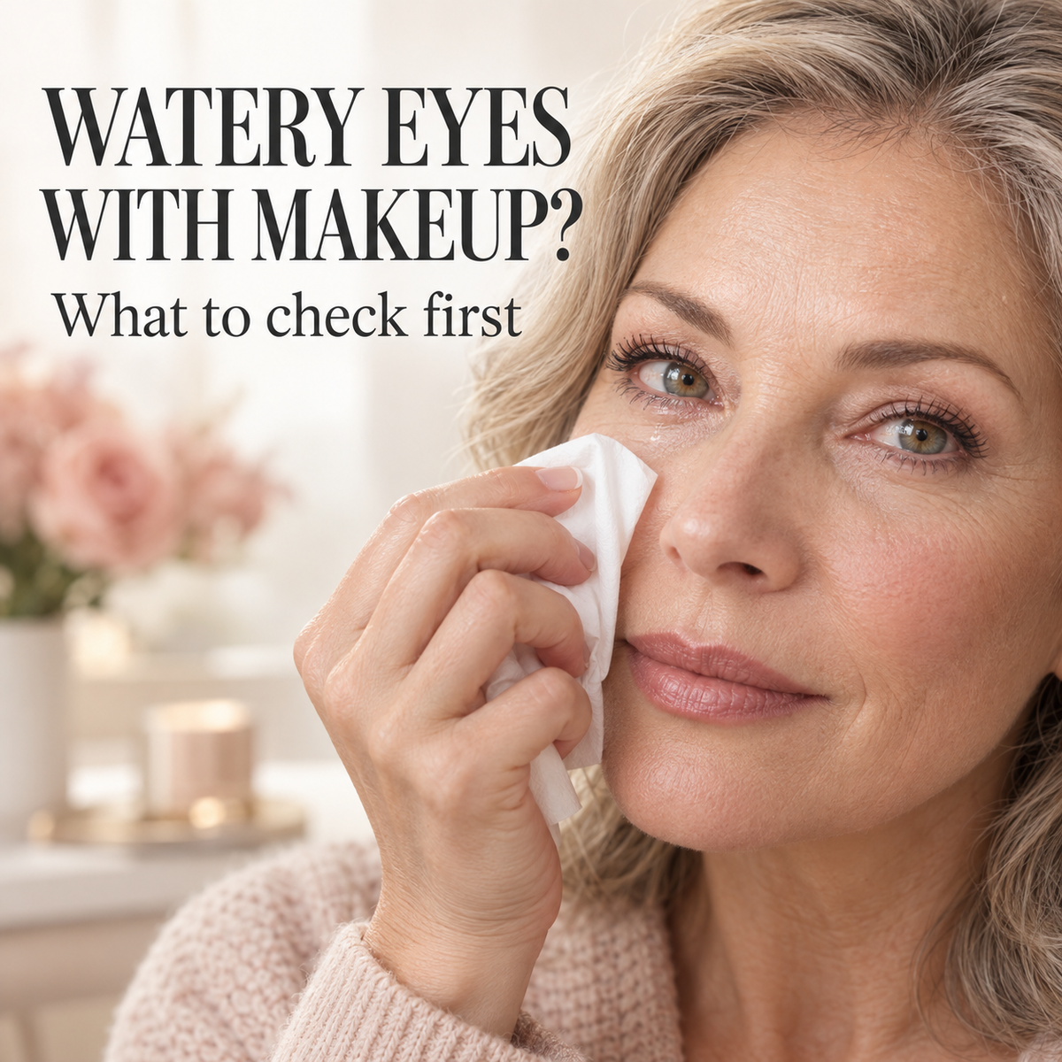 Mature woman holding a tissue below a watery eye. Text: Watery eyes with makeup? What to check first.