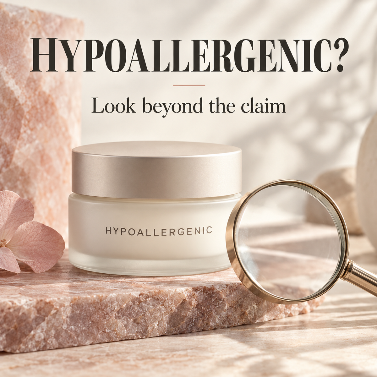 Cosmetic jar labeled hypoallergenic beside a magnifying glass. Text: Hypoallergenic? Look beyond the claim.