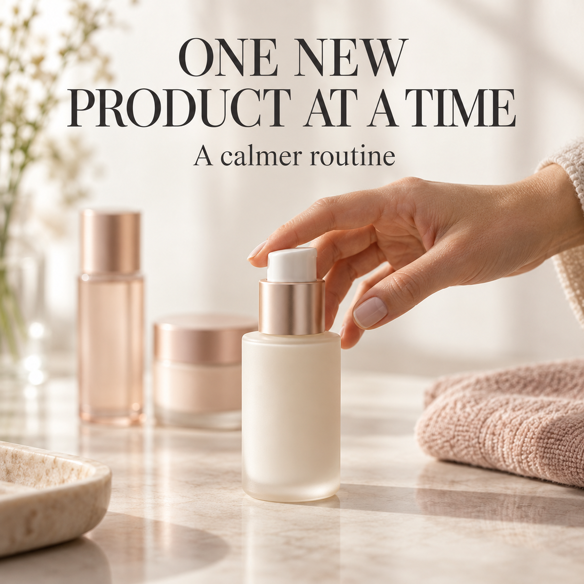 Hand reaching for one skincare bottle. Text: One new product at a time. A calmer routine.
