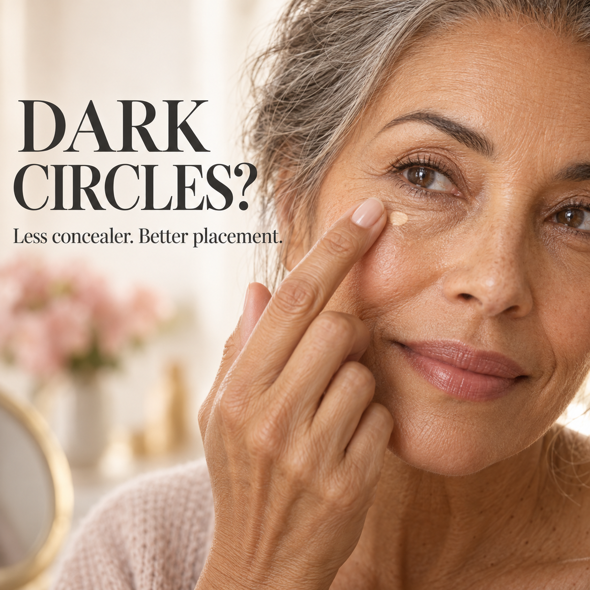 Mature woman tapping a small dot of concealer below her eye. Text: Dark circles? Less concealer. Better placement.