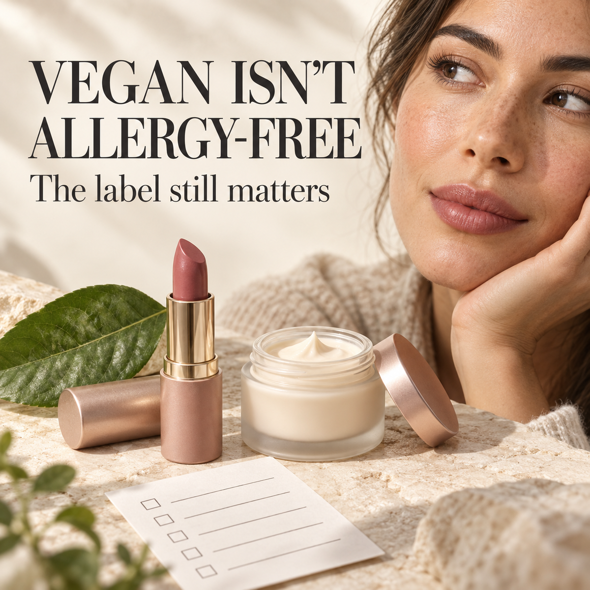 Woman beside lipstick, moisturizer, a leaf and a checklist. Text: Vegan isn't allergy-free. The label still matters.